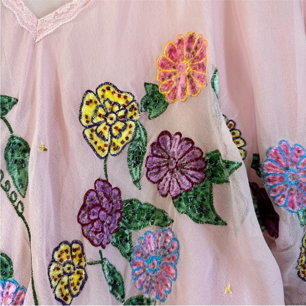 Roamans Pink Sheer Floral Beaded Long Sleeve Top - Picture 9 of 16